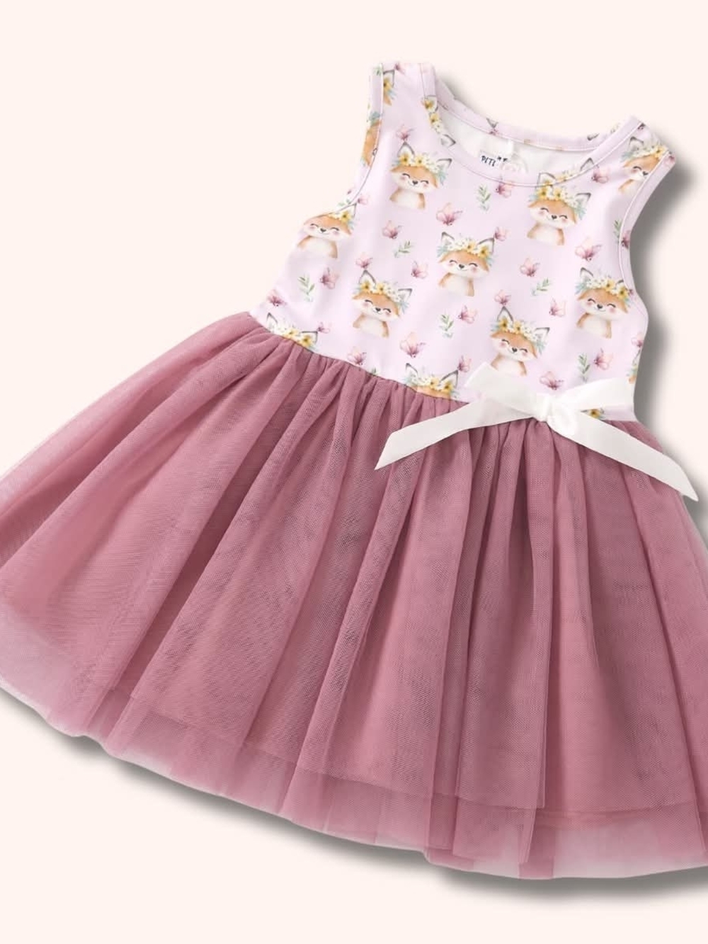 Girls' Pink Fox-Print Tulle Party Dress with Ribbon